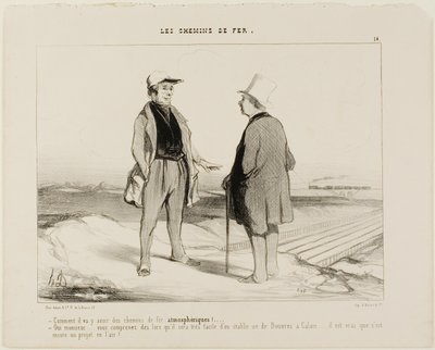 "- Come sarebbe a dire che presto ci saranno treni aerei - Ma certo, Monsieur... vede, sarà poi molto facile stabilire un collegamento tra Dover e Calais... ma naturalmente il progetto è ancora sospeso in aria", piatto 14 da The Railr da Honoré Victorin Daumier
