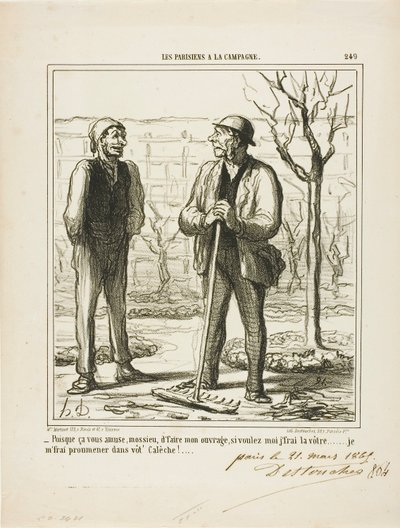 "- Sembra che ti piaccia fare il mio lavoro. In cambio potrei offrirmi di fare il tuo lavoro: Andrò a fare un giro nella tua carrozza!", piatto 249 da Les Parisiens A La Campagne da Honoré Victorin Daumier