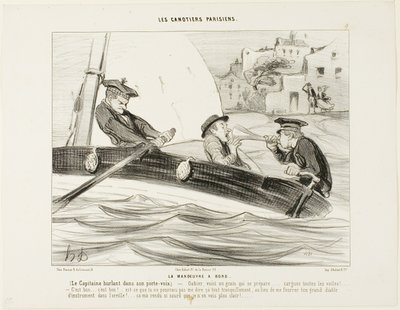Una manovra navale. Il Capitano urla nella sua tromba: "Gabier! Si sta formando una burrasca, preparatevi! ..... Alzate tutte le vele!... Bene:.... molto bene! - Perché non me lo hai detto con calma invece di ficcarmi questo enorme strumento nell