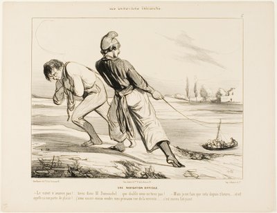 Una navigazione difficile. "- La barca non si muove! Tira Dumouchel, tira.... perché diavolo non tiri! - Ma non sto facendo altro che questo da tre ore! .... e questo si chiama viaggio di piacere! Preferisco vendere le mie prugne in rue de la Verrer. da Honoré Victorin Daumier