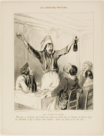 Un ultimo brindisi! "Signori, non torniamo a bordo senza un ultimo brindisi in onore delle due cose che più di tutte danno fascino alla nostra vita... brindiamo alle signore e al vitello freddo!", piatto 18 de Les Canotiers Parisiens da Honoré Victorin Daumier