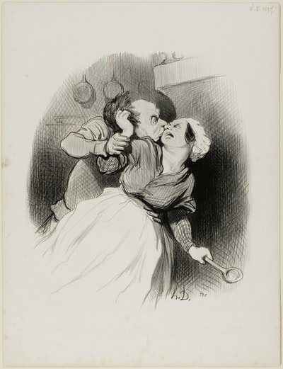 Il ritorno della giovinezza. "Gridate quanto volete, diavoletti.... mia moglie non è in casa.... strappatemi i capelli a vostro piacimento!", piatto 50 da Les beaux Jours de la vie da Honoré Victorin Daumier