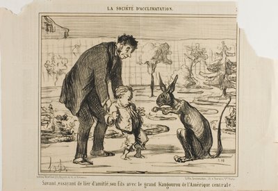Uno scienziato che cerca di fare amicizia con suo figlio con un grande canguro dell