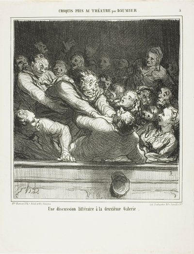 Un argomento letterario sul secondo livello, tavola 3 da Croquis Pris Au Théatre par Daumier da Honoré Victorin Daumier