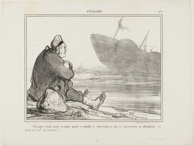 Un passeggero che ha pagato il suo biglietto per NEW YORK sul LEVIATHAN, in attesa che la nave venga finalmente messa in acqua, tavola 479 da Actualités da Honoré Victorin Daumier