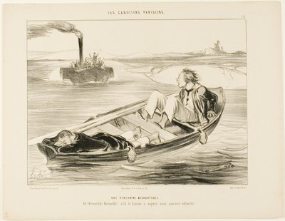 Un incontro sgradevole. "Bernardel, Bernardel! Arriva il piroscafo... affonderemo!", tavola 16 da Les Canotiers Parisiens da Honoré Victorin Daumier