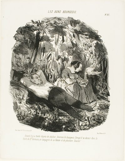 A 30°C, fortunato colui che può fuggire e sonnecchiare nella foresta di Saint-Germain accompagnato dalla moglie e da qualche lucertola, piatto 27 di Les Bons Bourgeois da Honoré Victorin Daumier