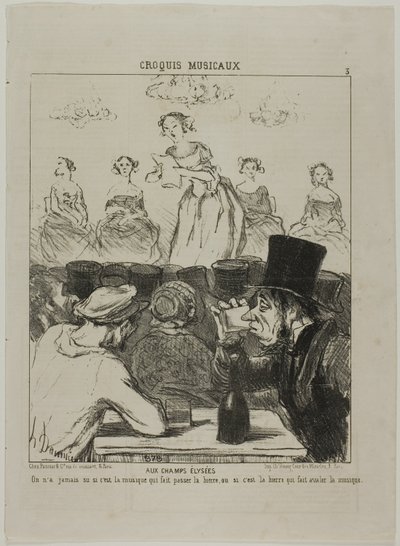 Agli Champs-Elysées. Non è mai stato chiaro se sia la musica a far scendere la birra, o la birra a far scendere la musica, piatto 3 da Croquis Musicaux da Honoré Victorin Daumier
