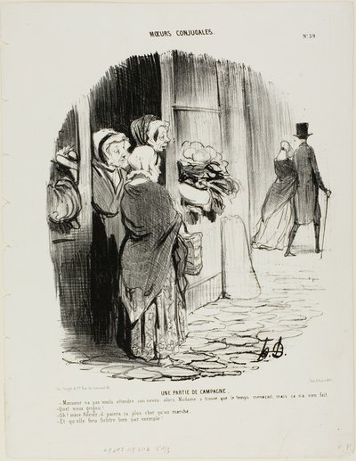 Divertimento di campagna. "Monsieur non voleva aspettare il nipote e Madame pensava che presto avrebbe iniziato a piovere, ma lui non si preoccupava. - Che vecchio avaro! - Non si preoccupi, madre Poirier, la pagherà cara... più del prezzo di mercato. da Honoré Victorin Daumier