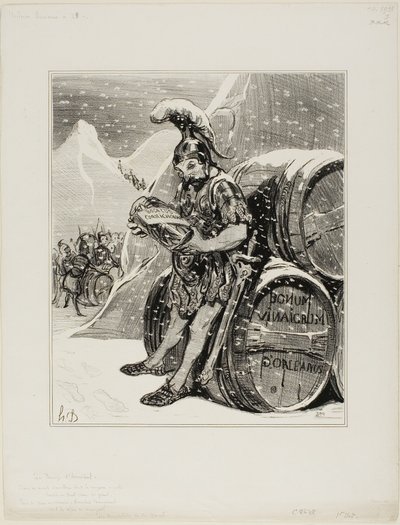 Il passaggio di Annibale. Queste alte montagne dove la neve crestata assomiglia alla fronte bianca di un gigante trema per forgiare una strada, con un canto trionfale Annibale trasformò le Alpi in cornichon. (Les Occidentals di Quinet), tavola 28 dell