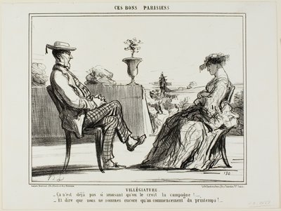 Vacanze in campagna. "La vita in campagna non è poi così divertente, come dicono tutti. - E pensare che la primavera è appena cominciata", piatto 14 di Ces Bons Parisiens da Honoré Victorin Daumier