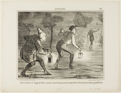 Orticoltori di Nanterre in punta di piedi a mezzanotte verso il cactus grandiflorus per sorprenderlo nella sua fioritura, piatto 323 da Actualités da Honoré Victorin Daumier