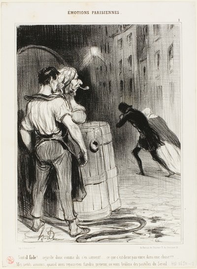 "Che sciocco! Guardate come corrono. Ecco cosa succede quando si è nel posto sbagliato. Basta aspettare! La prossima volta, ditecelo in anticipo e ci prenderemo cura di voi...", piatto 1 di "Émotions Parisiennes". da Honoré Victorin Daumier