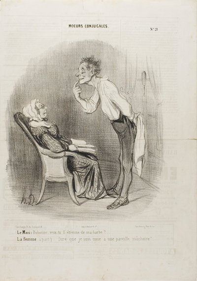Marito: "Mia cara, che ne dici di un primo bacio sul mento". La moglie (a parte): "Pensare che sono sposata con questa faccia!", tavola 21 da Moeurs Conjugalesa da Honoré Victorin Daumier
