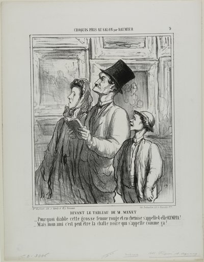 Guardando il dipinto di Manet. "Perché questa donna grassa e rossa in camicia da notte si chiama Olympia - Ma mia cara, forse è il nome del gatto nero", tavola 9 di Croquis Pris Au Salon par Daumier. da Honoré Victorin Daumier