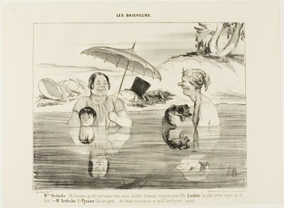 Madame Greluche: "Oh, Gustave, che bello! Un vero calore rilassante! Guardate nostro figlio Loulou; che faccia carina che fa!". Signor Greluche: "E Piramo, ha paura, ha paura come un cane. Se solo sapeste cosa sta facendo in questo momento, il piccolo furf da Honoré Victorin Daumier