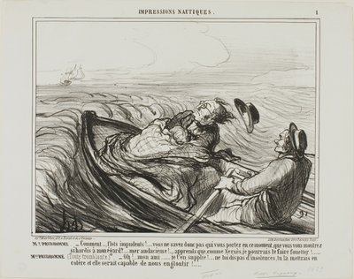 Mr. Prudhomme: "- Odiose onde.... non sapete chi portate in questo momento... oh audaci... sappiate che io, come Serse, vi frusterò terribilmente". Mme Prudhomme: (tremando di paura) "- Di grazia, mio caro amico, non offendete più il mare... voi da Honoré Victorin Daumier