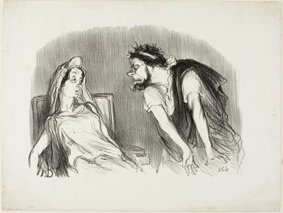 Oedipe. "Quando la mia spada ha tagliato il suo cuore sanguinante - Voi state tremando Madame - È stato allora che il mondo stava cadendo a pezzi", tavola dieci di Physionomies tragiques. da Honoré Victorin Daumier