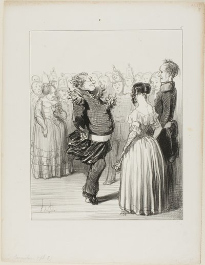 Rifolard apre la palla ed esegue un audace passo di danza in avanti, che riceve molti elogi, il piatto 5 di Les Banqueteurs. da Honoré Victorin Daumier