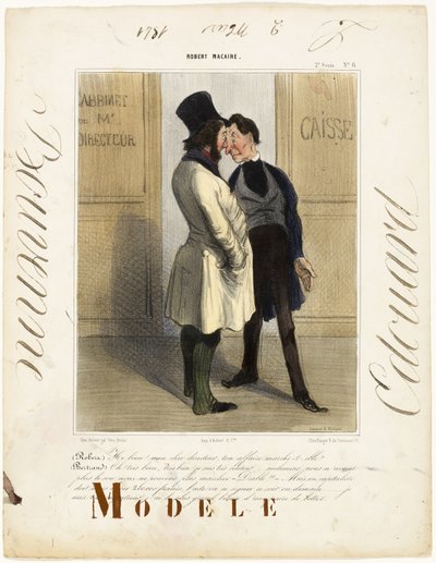 Robert: "Bene, bene! Mio caro direttore... come vanno gli affari". Bertrand: "- Bene, molto bene, sono abbastanza soddisfatto. Purtroppo non abbiamo un soldo per continuare! - Oh, che sballo! - Ma un investitore ci deve ancora 200.000 franchi... e verrà a  da Honoré Victorin Daumier