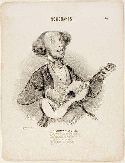 Il chitarrista dilettante. Sfidando gli sbadigli di tutti, mentre canta il suo gracile verso, canterebbe una canzone da salotto, sulle rovine dell