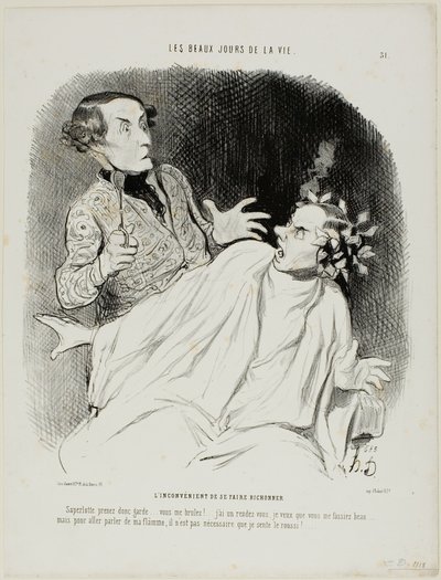 Il disagio di farsi arricciare i capelli. "Oh blast.... guarda qui, attento... mi stai bruciando.... Sto conoscendo qualcuno e voglio che mi faccia fare bella figura....... ma per dichiarare la mia passione bruciante, non ho bisogno di sentire odore di bru da Honoré Victorin Daumier