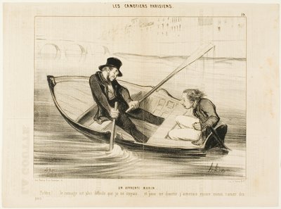 Il marinaio alle prime armi. "Diavolo... il canottaggio è molto più difficile di quanto pensassi! E per divertirmi davvero, preferirei attaccare i piselli", tavola 19 di Les Canotiers Parisiens. da Honoré Victorin Daumier
