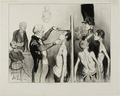 Il comitato di reclutamento. "Non è uno spettacolo glorioso: questi nobili giovani francesi pieni di ardore, forza ed eleganza pronti a difendere il loro onore sotto le bandiere di Marte", tavola 35 di Caricatures Du Jour. da Honoré Victorin Daumier