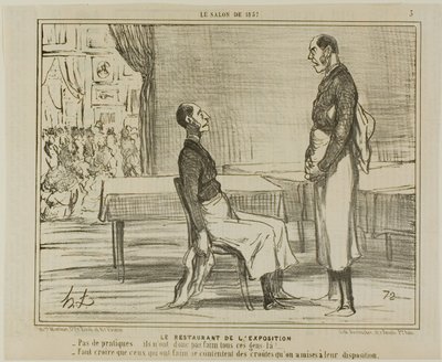 Il ristorante della mostra. "Non ci sono clienti... Non hanno fame - Immagino che gli affamati stiano mangiando gli stuzzichini che gli sono stati offerti", piatto 3 da Le Salon De 1857 da Honoré Victorin Daumier