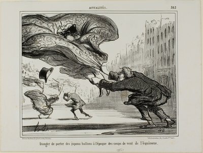 Il pericolo di indossare gonne a cerchio durante un improvviso temporale primaverile, piatto 26 da La Crinolomanie da Honoré Victorin Daumier