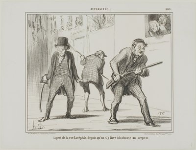 Veduta di rue Lacépède durante la caccia al serpente, tavola 500 da Actualités da Honoré Victorin Daumier
