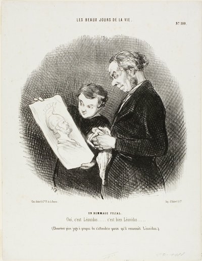 "Sì, è Leonida...... No Question, it is Leonidas!" (Il padre felice ritiene opportuno commuoversi riconoscendo Leonida), tavola 100 da Les Beaux Jours De La Vie da Honoré Victorin Daumier