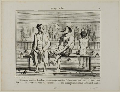 "Sapete, Monsieur Beaufumé, in realtà vi siete mantenuto dannatamente bene considerando la vostra età. Questo costume vi si addice perfettamente.... solo un peccato che non stia bene a tutti", piatto 36 da Croquis D