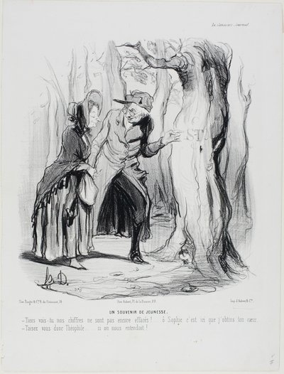 Ricordi di gioventù. "- Vedi che le nostre lettere non sono ancora state cancellate... oh Sophie, è qui che ho conquistato il tuo cuore. - Tieni a freno la lingua ora, Théophile.... se qualcuno ci sentisse!", tavola 49 di Vita coniugale. da Honoré Victorin Daumier