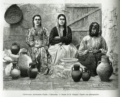 Cristiani, commercianti di olio a Gerusalemme. Incisione di H.Chapuis, per illustrare La Siria di oggi, di M.Lortet, decano della Facoltà di Medicina di Lione, incaricato di una missione scientifica dal Ministero della Pubblica Istruzione, pubblicato in Le da Honore (after) Chapuis