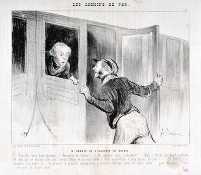 Opera di Honoré Daumier (1808-1879). Charivari del 1843: Serie LES RAILWAYS Il pericolo di addormentarsi durante un viaggio -Sveglia Signore e scendi dalla carrozza! - Dove stiamo andando? - Ma a Rouen parbleu! - A Rouen e io che volevo solo andare a Poi da Honoré Daumier