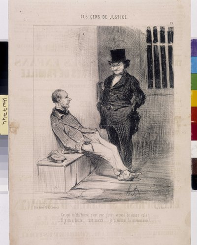 Opera di Honoré Daumier (1808-1879). Charivari del 1845: Serie LES PEANS DE JUSTICE. "Quello che mi preoccupa è che sono accusato di 12 furti! - Ce ne sono dodici... molto meglio... Plederò la monomania" estratto dal giornale Le Charivari da Honoré Daumier