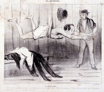 Vignetta sui turisti in vacanza. Serie "Les Baigneurs": "La lezione a secco". Incisione di Honoré Daumier (1808-1879). Estratto dal giornale "Le Charivari". da Honoré Daumier
