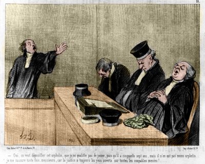 Cartone animato di Daumier: Serie "Le Genti di Giustizia" pubblicato in "Charivari" del 15/08/1845. Un avvocato che arringa in tribunale dormendo da Honoré Daumier