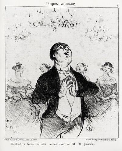 Bozzetti musicali: cercando di affascinare una ricca ereditiera con il suo petto. Illustrazione di Honoré Daumier, pubblicata su 