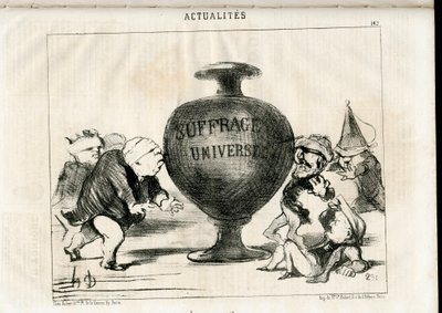Satirico in N & B: Notizie - Presidente della Repubblica, Suffragio Universale - Thiers Adolphe, Montalembert Charles de, Louis Matthieu Mole, Dupin Andre-Marie - Illustrazione di Honore Daumier da Honoré Daumier