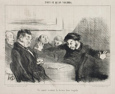 Un comitato ascolta la lettura di una tragedia da Honoré Daumier