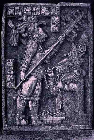 Architrave di Pietra Scolpita dal Tempio 23, Yaxchilan, 726 d.C., che mostra il sovrano Scudo Giaguaro e sua moglie, Lady Xoc, che conducono un rituale di autosacrificio, da Le Antiche Città del Nuovo Mondo, di Claude-Joseph-Desire Charnay da Honore after Chapuis