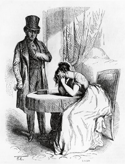 Donna in disperazione sotto lo sguardo di un uomo, illustrazione da 