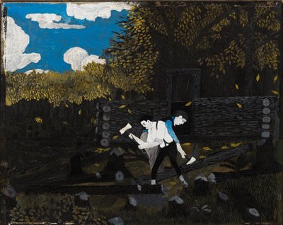 Abraham Lincoln e suo padre costruiscono la loro capanna a Pigeon Creek da Horace Pippin