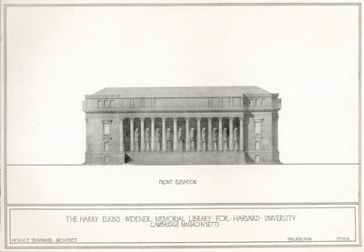 Elevazione frontale, la Harry Elkins Widener Memorial Library per Harvard University, Cambridge, Massachusetts da Horace Trumbauer