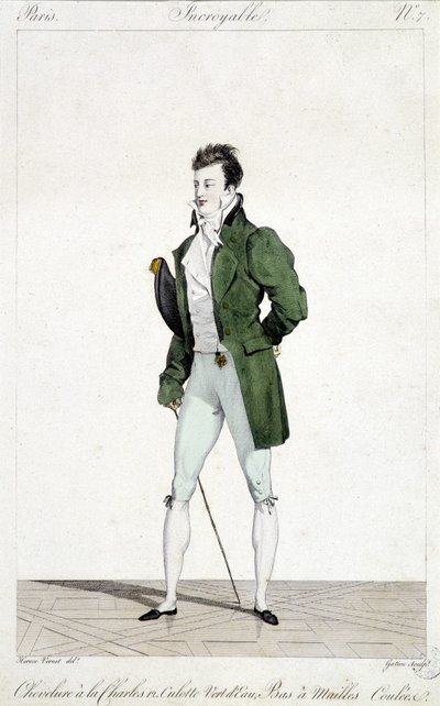 Parigi straordinaria. Uomo con i capelli di Carlo XII, indossa mutande verde acqua e calze a rete. Illustrazione della moda maschile realizzata intorno al 1810 da Horace Vernet (1789 - 1863) da Emile Jean Horace Vernet
