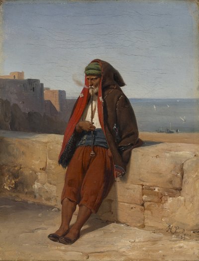 Un algerino che fuma una pipa da Emile Jean Horace Vernet