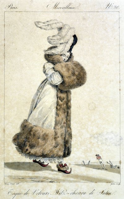Donna elegante che indossa un cappotto e un cappello di velluto con piume. Illustrazione di moda femminile di Horace Vernet (1789 - 1863) per il numero 20, circa 1810, di un "Meraviglioso". da Emile Jean Horace Vernet