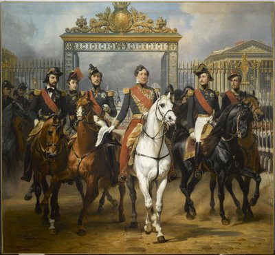 Il re Luigi Filippo circondato dai suoi cinque figli mentre esce dai cancelli principali del castello di Versailles dopo una rassegna militare nei cortili, 10 giugno 1837. da Horace Vernet